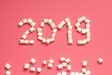 inscription new year 2019 of white marshmallow on a pink background