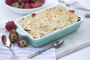 . Summer strawberry tart with crumble. sweet pie. crumble with strawberries.
