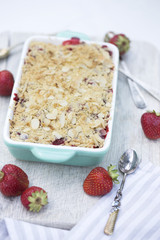. Summer strawberry tart with crumble. sweet pie. crumble with strawberries.