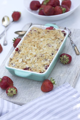 . Summer strawberry tart with crumble. sweet pie. crumble with strawberries.