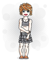 Cute happy red-haired girl in jeans wear posing. Vector character.