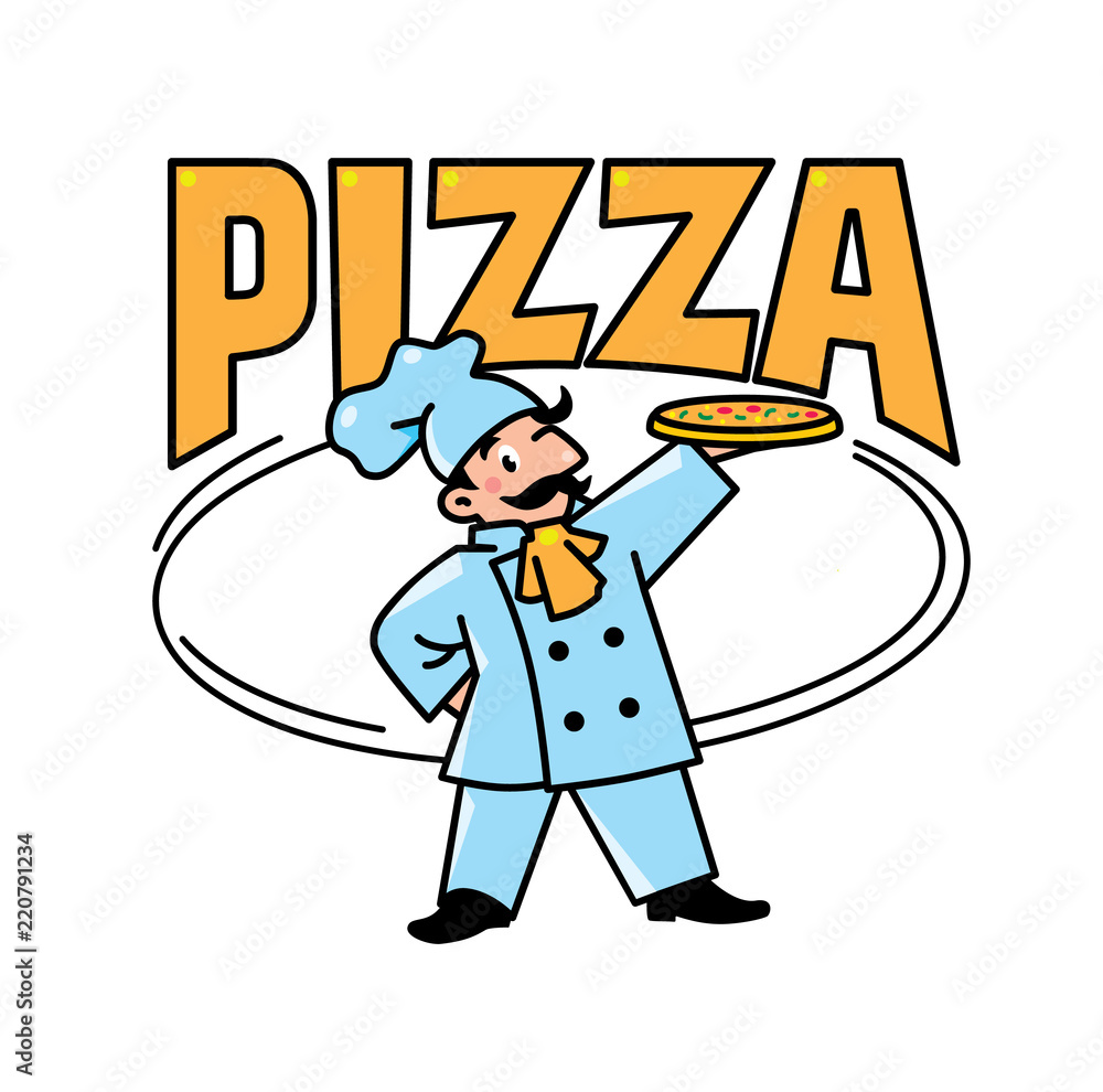 Sticker Emblem of funny cook or baker with pizza and logo