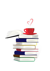 stack of books and a cup of coffe or tea on the top isolated on the white background, vertical vector illustration