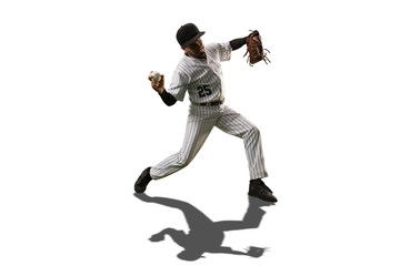 Fototapeta na wymiar Isolated Baseball player throws the ball on white background