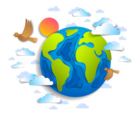 Cartoon earth clouds birds flying and sun vector modern style paper cut 3d illustration. Optimistic and positive freedom feeling concept design.