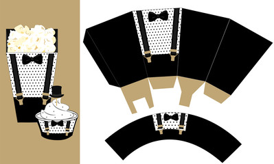 Popcorn paper box and cupcake wrapping with suspenders and bow tie. Printable template for little man's birthday (father's day) party. Candy bar printing element with hat topper, blueprint packaging