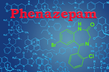 Phenazepam. Chemical formula, molecular structure. 3D rendering