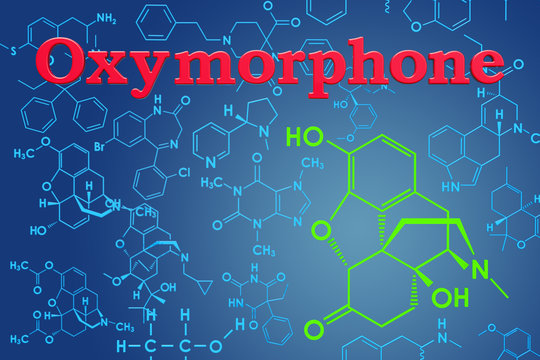 Oxymorphone. Chemical formula, molecular structure. 3D rendering