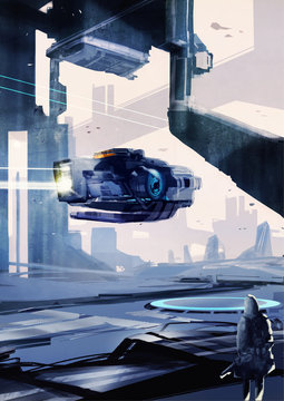 Spaceship cruising over futuristic cityscape 