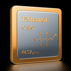 Ethanol. Icon, chemical formula, molecular structure. 3D rendering