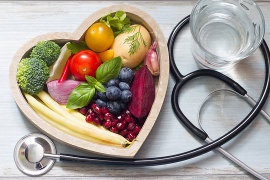 Healthy food in heart diet concept with stethoscope
