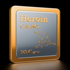 Heroin, diamorphine. Icon, chemical formula, molecular structure. 3D rendering