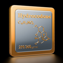 Hydrocodone. Icon, chemical formula, molecular structure. 3D rendering