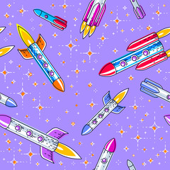 Seamless space background with rockets and stars, cosmos fantastic and breathtaking textile fabric for children, endless tiling pattern, vector illustration cartoon motif.