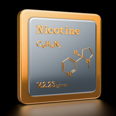 Nicotine. Icon, chemical formula, molecular structure. 3D rendering