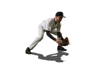 Isolated Baseball pitcher catch the ball on white background
