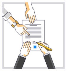 Businessman signs contract paper document or bank customer write a sign on financial form of money credit and employee helps him and explains the terms of loan, top view of people hands. Vector.
