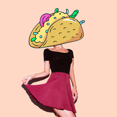 Contemporary art  collage. Lady Tacos. Funny Fast food minimal project