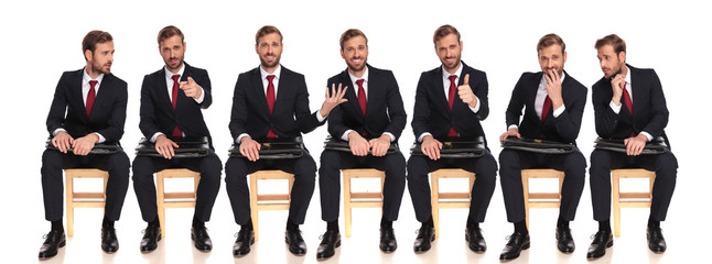 seven poses of a young businessman sitting with  suitcase