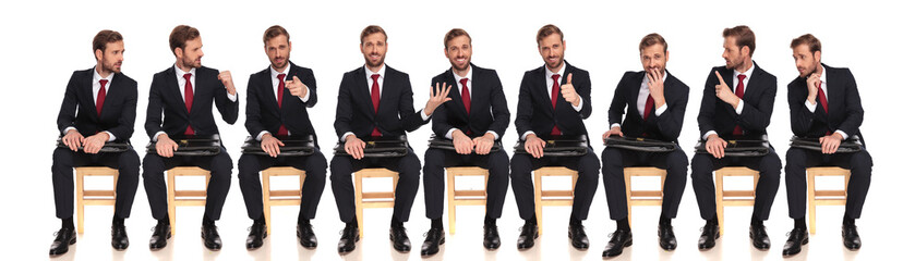 nine of the same businessman waiting for a job interview