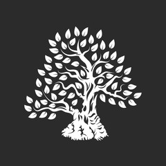 Organic natural and healthy olive tree silhouette logo isolated on dark background.