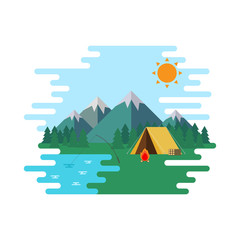 Fototapeta premium Summer Camp, Landscape Forrest with Yellow Tent in the Mountain. Nature Adventures Vector Illustration