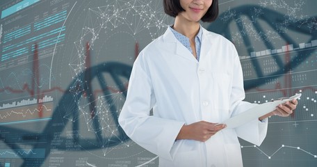 Composite image of doctor holding clipboard against white