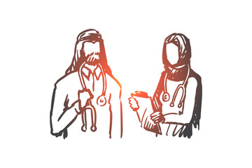 Doctor, nurse, Islam, medicine, clinic concept. Hand drawn isolated vector.