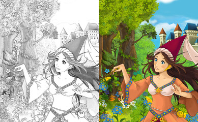 Obraz na płótnie Canvas cartoon scene with beautiful princess sorceress in the forest near the castle - illustration for children