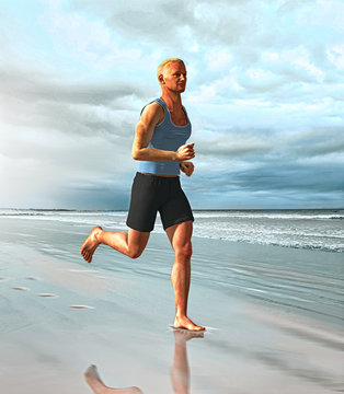 Male Sport Runner Jogging on Beach
