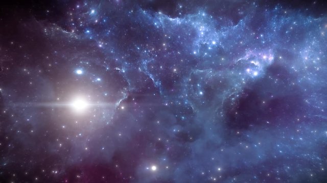 Traveling through deep space nebula. Giant interstellar clouds with stars. 3D animation