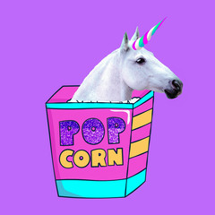  Unicorn loves popcorn Contemporary art  collage. Funny Fast food minimal project