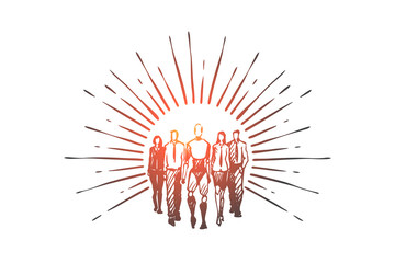 Teamwork, HCI, automation, technology, communication concept. Hand drawn isolated vecto