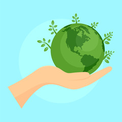 Green planet in hand background. Flat illustration of green planet in hand vector background for web design