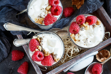 Raspberries and yogurt chia pudding parfait