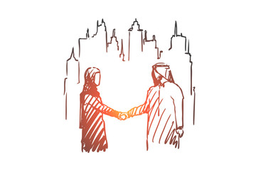 Businessman, agreement, outsourcing, muslim, companion concept. Hand drawn isolated vector.