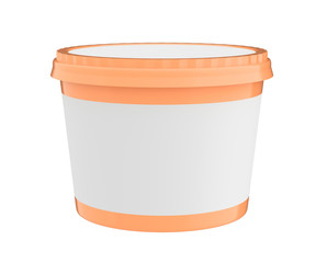 3D realistic render of White Food Plastic Tub Container For Dessert, Yogurt, Ice Cream, Sour Sream Or Snack. Ready For Your Design. orange lid. 