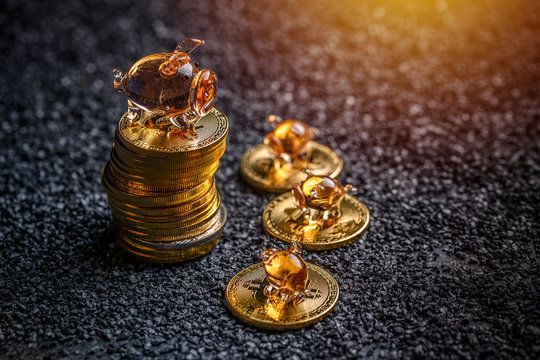Golden bitcoins lie in a pile