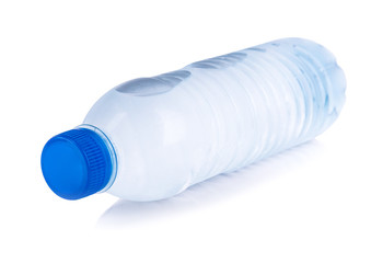close up of a plastic bottle on white background