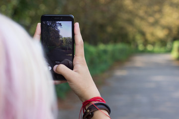 soft focus photo hobby concept shot of taking photography on phone in human hand on unfocused blurred natural bokeh background environment