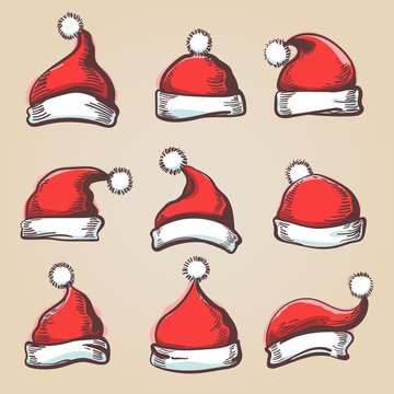Santa hat set. Hand drawn santa hats, holiday wearing vector illustration