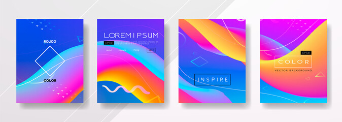 Abstract Fluid, lines and shapes creative templates, cards, color covers set. Geometric design, liquids, shapes. Trendy vector collection.