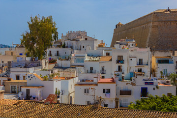 view of old Ibiza with typical white houses and restaurants /view of old Ibiza with typical white...