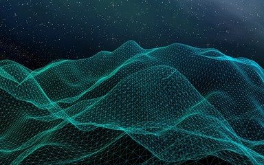 Fototapeta premium Star horizon. Abstract landscape on a dark background. Cyberspace grid. Hi-tech network. Outer space. Starry outer space texture. 3D illustration