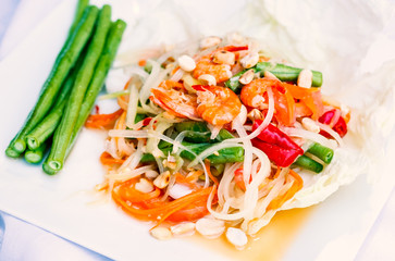 Top view of papaya sald : Thailand famous food called Som Tam