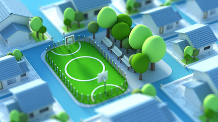A model of a sports field with a football field. 3d illustration, 3d rendering. © Pierell