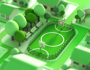 A model of a sports field with a football field. 3d illustration, 3d rendering.