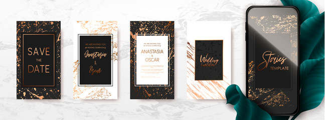 Editable template pack with gold and marble texture. Trendy kit, social and fashion ads, promotion flyer backgrounds, vector design. 