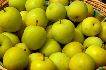Fresh organic yellow plums in a basket close up.Ripe yellow berries of cherry-plum.Garden fruits harvesting concept.Selective focus.