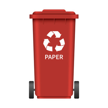 Paper garbage wheel box mockup. Realistic illustration of paper garbage wheel box vector mockup for web design isolated on white background